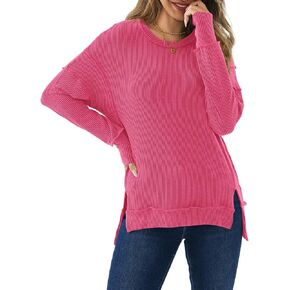 تي شيرت نسائي بأكمام طويلة من AirZeal قميص فضفاض مضلع مقاس كبير مع فتحة جانبية وحاشية عالية ومنخفضة للخريف in Kuwait