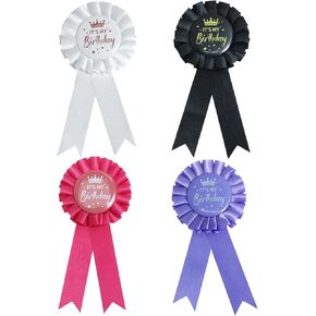 Its My Birthday Pin Set (4 PCS) - Metal Corsage Clips with Assorted Ribbons (Black/White/Pink/Purple) for Party Decor, or Celebration Accessories in Kuwait