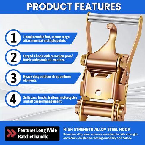 4 قطع من أشرطة ربط السقاطة مع خطافات إصبع على شكل حرف J، للسرير المسطح، ونقل المركبات، وتأمين الحمل الثقيل in Kuwait