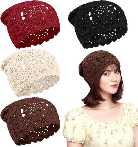 4 قطع من قبعات الكروشيه المترهلة، قبعات جمجمة مجوفة منسوجة للنساء، قبعات خفيفة الوزن قابلة للتنفس متعددة الألوان in Kuwait