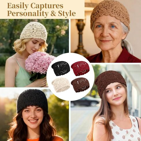 4 قطع من قبعات الكروشيه المترهلة، قبعات جمجمة مجوفة منسوجة للنساء، قبعات خفيفة الوزن قابلة للتنفس متعددة الألوان in Kuwait