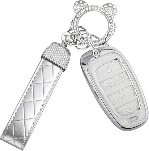 for Hyundai Key Fob Cover with Keychain,Soft TPU Protection Car Keys Case Shell Compatible with Hyundai 2020-2023 Sonata Santa fe Tucson Smart Key for Women (5 Buttons-Silver Clear) in Saudi Arabia