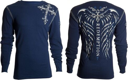 Archaic by Affliction Men's Thermal Shirt Spine Wings Navy in Saudi Arabia