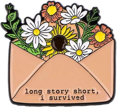 "Long Story Short, I'm Surviving" Enamel Pin - Floral Letter Brooch for Backpacks, Jackets, Hats, and Bags - Gift for Mental Health Advocates and Resilience Supporters in Kuwait