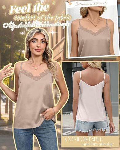 3 Pack Women's Silk Satin Camisoles Tank Tops Lace V Neck Sleeveless Adjustable Spaghetti Loose Casual Blouses Shirts in Saudi Arabia