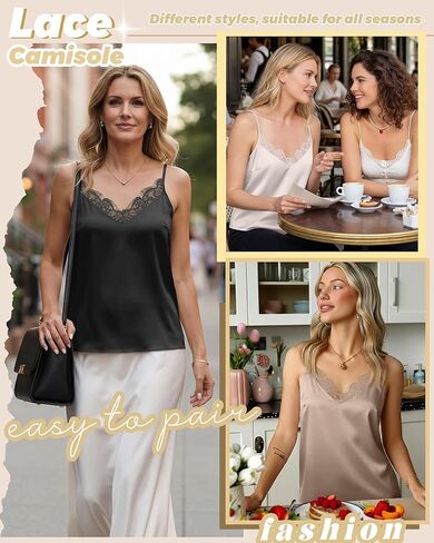 3 Pack Women's Silk Satin Camisoles Tank Tops Lace V Neck Sleeveless Adjustable Spaghetti Loose Casual Blouses Shirts in Saudi Arabia