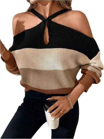 SOLY HUX Fall Sweaters for Women Color Block Cold Shoulder Long Sleeve Pullover Sweater Knit Tops in Saudi Arabia