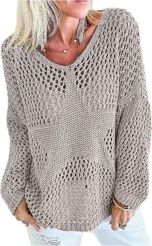 GORGLITTER Women's Plus Size Crochet Oversized Sweater Hollow Out Long Sleeve Drop Shoulder Knit Pullover Sweatshirts Tops in Saudi Arabia