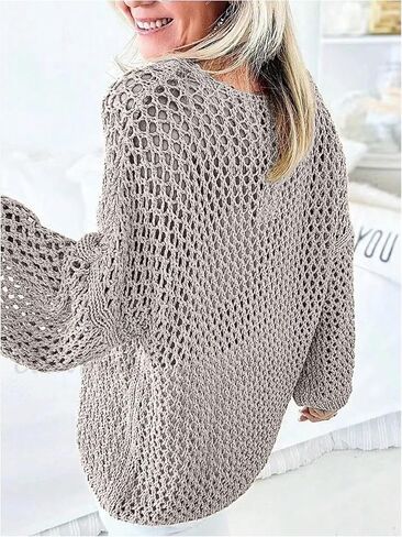 GORGLITTER Women's Plus Size Crochet Oversized Sweater Hollow Out Long Sleeve Drop Shoulder Knit Pullover Sweatshirts Tops in Saudi Arabia