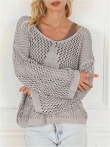 GORGLITTER Women's Plus Size Crochet Oversized Sweater Hollow Out Long Sleeve Drop Shoulder Knit Pullover Sweatshirts Tops in Saudi Arabia