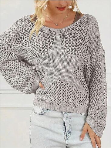GORGLITTER Women's Plus Size Crochet Oversized Sweater Hollow Out Long Sleeve Drop Shoulder Knit Pullover Sweatshirts Tops in Saudi Arabia