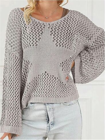 GORGLITTER Women's Plus Size Crochet Oversized Sweater Hollow Out Long Sleeve Drop Shoulder Knit Pullover Sweatshirts Tops in Saudi Arabia
