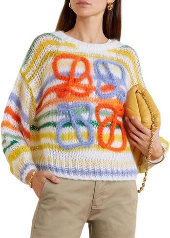 Rainbow Striped Sweater Women Coquette Oversized Batwing Long Sleeve Crochet Pullover Y2K Cottagecore Knitted Tops in Saudi Arabia