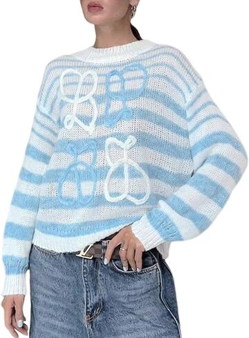 Rainbow Striped Sweater Women Coquette Oversized Batwing Long Sleeve Crochet Pullover Y2K Cottagecore Knitted Tops in Kuwait