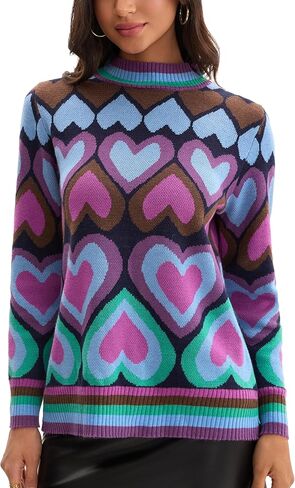 Froggirl Women’s Colorful Heart Pattern Crewneck Sweater – Soft Knit Pullover, Long Sleeve Jumper, Casual Warm Top in Saudi Arabia