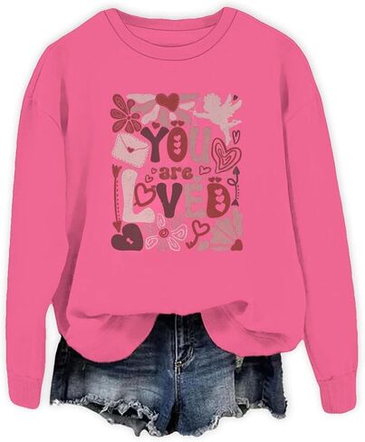 You Are Loved Graphic Oversized Sweatshirts for Women Crewneck Long Sleeve Pullover Valentine's Day Sweatshirt in Kuwait