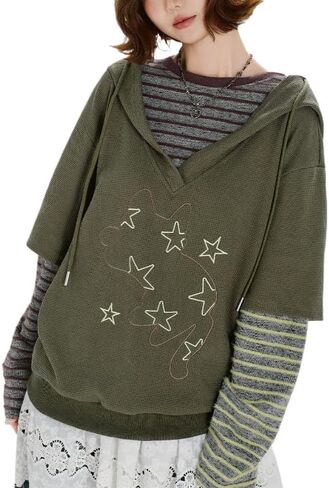 Women's Y2K retro striped Hooded sweatshirt Star graphics Loose Hooded Long Sleeve top Harajuku Fashion Streetwear in Kuwait