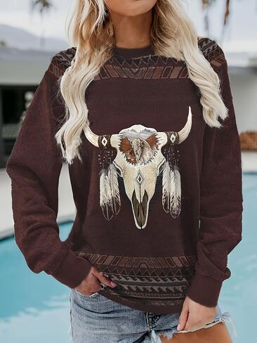 Women's Casual Crewneck Long Sleeve Floral Graphic Pullover Tops Print Western Loose Long Sweatshirt in Saudi Arabia