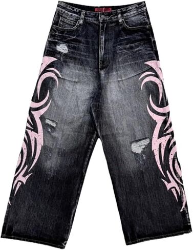 Women's American Vibe Print Jeans Gothic Tribal Design Wide Leg Drag Pants Streetwear High Waist in Kuwait