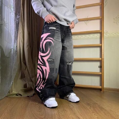 Women's American Vibe Print Jeans Gothic Tribal Design Wide Leg Drag Pants Streetwear High Waist in Kuwait