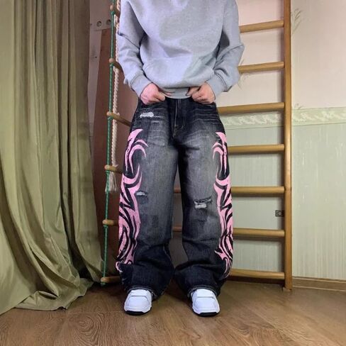 Women's American Vibe Print Jeans Gothic Tribal Design Wide Leg Drag Pants Streetwear High Waist in Kuwait