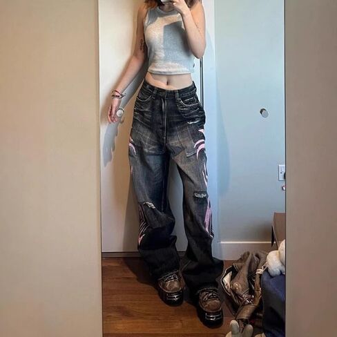 Women's American Vibe Print Jeans Gothic Tribal Design Wide Leg Drag Pants Streetwear High Waist in Kuwait