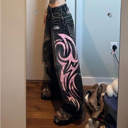 Women's American Vibe Print Jeans Gothic Tribal Design Wide Leg Drag Pants Streetwear High Waist in Kuwait