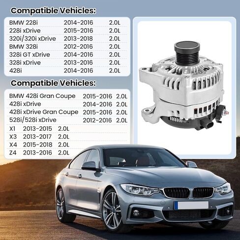 210Amp Alternator 12V Compatible with BMW 228i 14-16, 320i 13-18, 328i, 428i xDrive, 528i, X1, X3, Z4, L4 2.0L, CW 6-Groove Clutch Pulley, Replace 12317605061, 104210-6400 in Kuwait