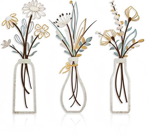 3 قطع مزهرية معدنية مجموعات فنون الحائط، زهور معدنية جدار الفنون منحوتات ديكور لغرفة النوم، غرفة المعيشة، المطبخ، هدايا للأم، الزوجة، عيد الميلاد، هدايا الانتقال لمنزل جديد (أرجواني) in Kuwait