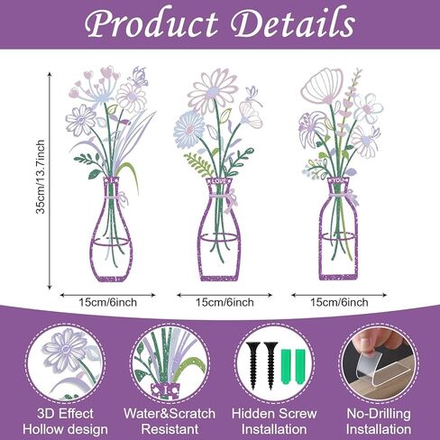 3Pcs Metal Vase Flowers Wall Arts Sets,Metal Flowers Wall Arts Sculptures Decor for Bedroom, Living Room, Kitchen,Gifts for Mother,Wife, Birthday,Housewarming Gifts (Purple) in Saudi Arabia