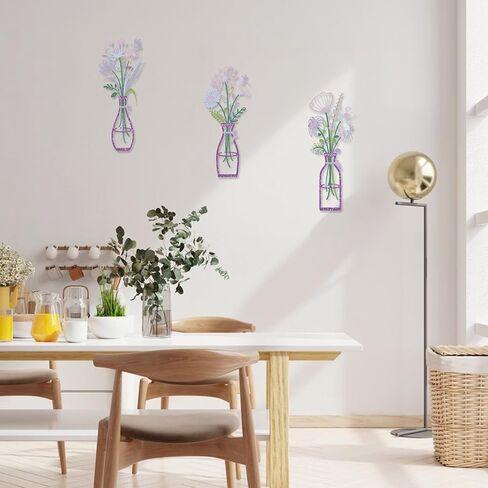 3Pcs Metal Vase Flowers Wall Arts Sets,Metal Flowers Wall Arts Sculptures Decor for Bedroom, Living Room, Kitchen,Gifts for Mother,Wife, Birthday,Housewarming Gifts (Purple) in Saudi Arabia