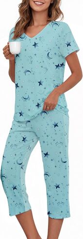 American Trends Womens Pajama Sets Two Piece Sleep Shirt Short Sleeve Cartoon Print Pj Set Tops with Capri Pants Sleepwear in Kuwait