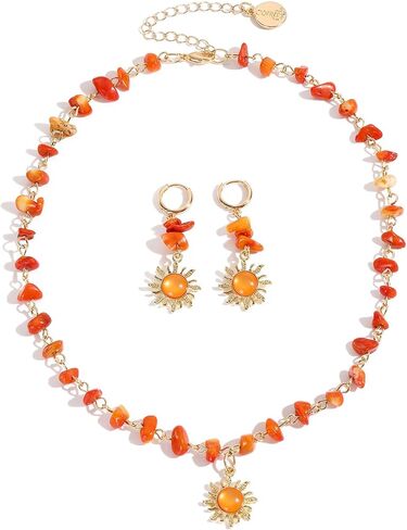 Coiris Boho Sun Jewelry Set for Women Bohemian Healing Nature Crystal Stone Sun Choker Necklace Dangle Drop Earrings Hippie Cool Summer Beach Sun Jewelry Set for Women in Kuwait