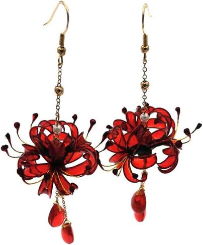 زوج واحد من أقراط زهرة ليكوريس رادياتا المصنوعة يدويًا للنساء، مجوهرات هانفو كيمونو القديمة قطرة الأذن، قطرة أذن صناعية متدلية لديكورات حفلات الزفاف التنكرية in Kuwait