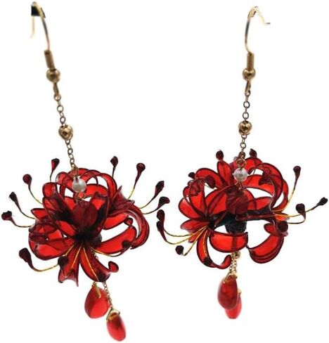 زوج واحد من أقراط زهرة ليكوريس رادياتا المصنوعة يدويًا للنساء، مجوهرات هانفو كيمونو القديمة قطرة الأذن، قطرة أذن صناعية متدلية لديكورات حفلات الزفاف التنكرية in Kuwait