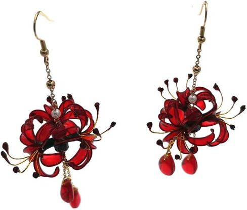 زوج واحد من أقراط زهرة ليكوريس رادياتا المصنوعة يدويًا للنساء، مجوهرات هانفو كيمونو القديمة قطرة الأذن، قطرة أذن صناعية متدلية لديكورات حفلات الزفاف التنكرية in Kuwait