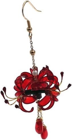 زوج واحد من أقراط زهرة ليكوريس رادياتا المصنوعة يدويًا للنساء، مجوهرات هانفو كيمونو القديمة قطرة الأذن، قطرة أذن صناعية متدلية لديكورات حفلات الزفاف التنكرية in Kuwait