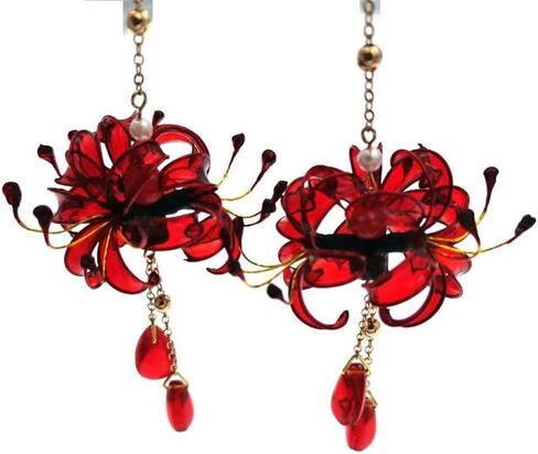 زوج واحد من أقراط زهرة ليكوريس رادياتا المصنوعة يدويًا للنساء، مجوهرات هانفو كيمونو القديمة قطرة الأذن، قطرة أذن صناعية متدلية لديكورات حفلات الزفاف التنكرية in Kuwait