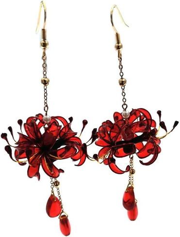 زوج واحد من أقراط زهرة ليكوريس رادياتا المصنوعة يدويًا للنساء، مجوهرات هانفو كيمونو القديمة قطرة الأذن، قطرة أذن صناعية متدلية لديكورات حفلات الزفاف التنكرية in Kuwait