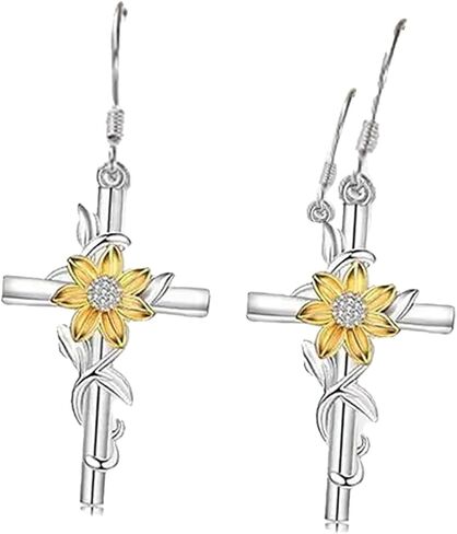 Sunflower Earrings,Cross Dangle Earrings with Crystal Accents Mother's Day Birthday Valentine Flower Jewelry Gifts for Women in Saudi Arabia