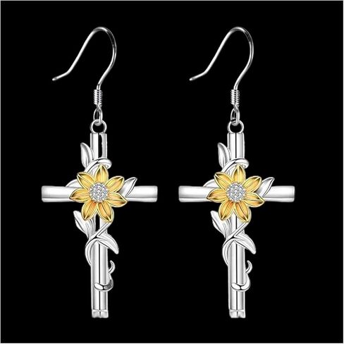 Sunflower Earrings,Cross Dangle Earrings with Crystal Accents Mother's Day Birthday Valentine Flower Jewelry Gifts for Women in Saudi Arabia