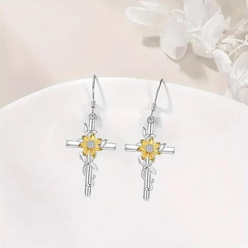 Sunflower Earrings,Cross Dangle Earrings with Crystal Accents Mother's Day Birthday Valentine Flower Jewelry Gifts for Women in Saudi Arabia