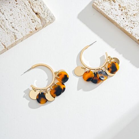 Gold Earrings For Women Tortoise Shell Round Disc And Gold Disc Dangle Hoop Earrings Two Tone Brown Boho Vintage Statement Drop Earrings Fashion Jewelry Gift in Kuwait
