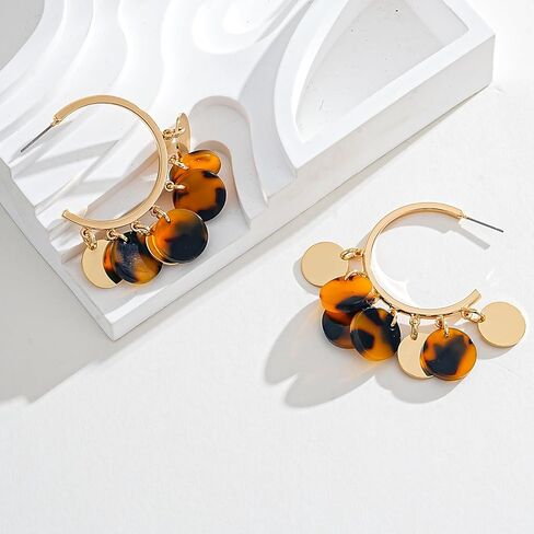 Gold Earrings For Women Tortoise Shell Round Disc And Gold Disc Dangle Hoop Earrings Two Tone Brown Boho Vintage Statement Drop Earrings Fashion Jewelry Gift in Kuwait