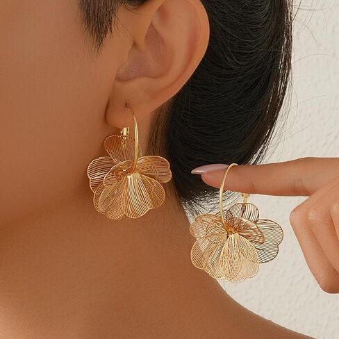 Flower Earrings for Women Gold Statement Earring Trendy Hoop Earring Floral Dangle Drop Earrings Big Chunky Jewelry Gift in Saudi Arabia