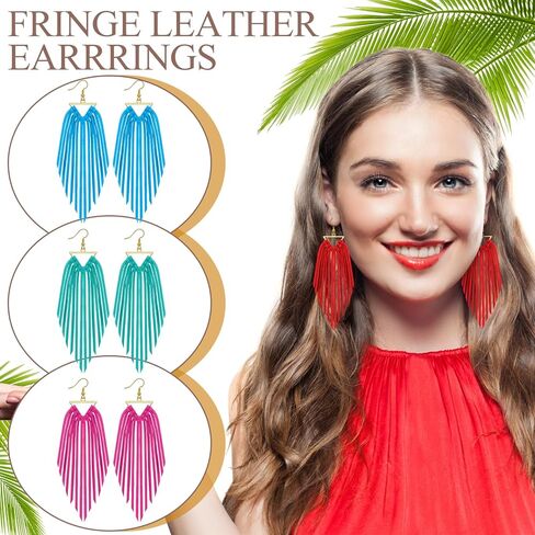 Sasylvia 9 Pairs Fringe Leather Earrings Boho Triangle Deerskin Leather Fringe Boho Earrings for Women in Saudi Arabia