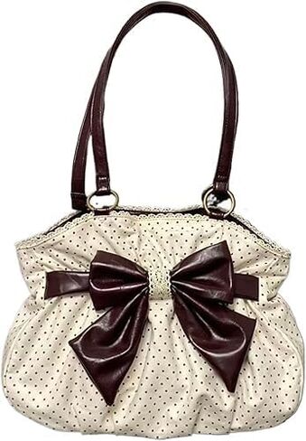 Polka Dot Shoulder Bag with Bow, Vintage Y2K Gothic Grunge Style, PU Leather, 13.39x10.63 Inches, Large Capacity Tote | bow decoration, polka dot, large capacity, durable, O - ring, lace trim lace frill in Saudi Arabia