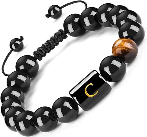 FRG Initials Bracelets for Men Letter Link Handmade Natural Black Onyx Tiger Eye Stone Beads Braided Rope Meaningful Bracelet in Kuwait