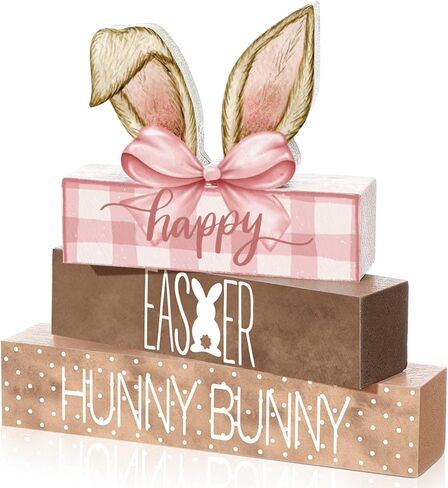 4 Pcs Easter Bunny Wooden Decor Coquette Pink Easter Table Decor Tiered Tray Bunny Decorations Indoor Table Sign for Farmhouse Centerpiece Vintage Rustic Spring Gift in Kuwait