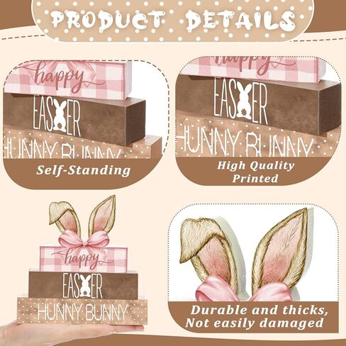 4 Pcs Easter Bunny Wooden Decor Coquette Pink Easter Table Decor Tiered Tray Bunny Decorations Indoor Table Sign for Farmhouse Centerpiece Vintage Rustic Spring Gift in Kuwait